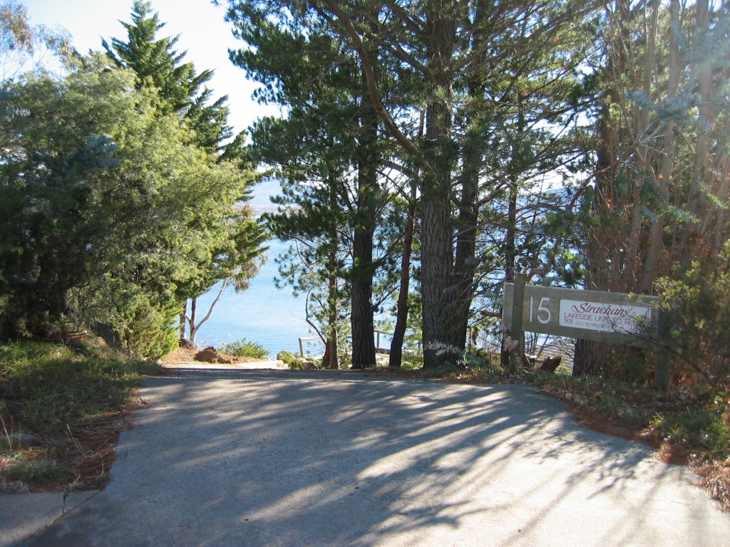 Driveway from street down to parking area & house right on the lake